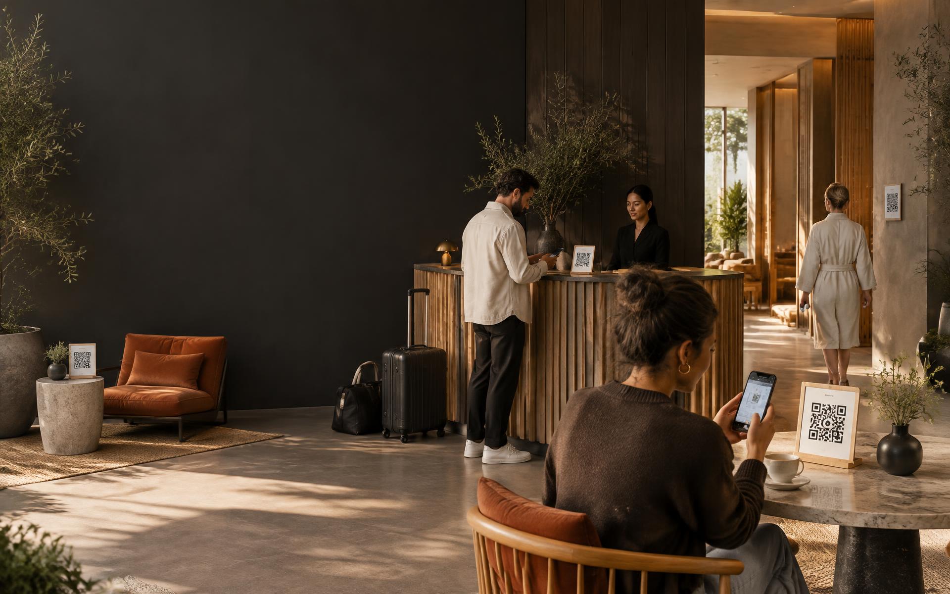 Guest scanning a Tablefire QR experience in a modern hospitality venue